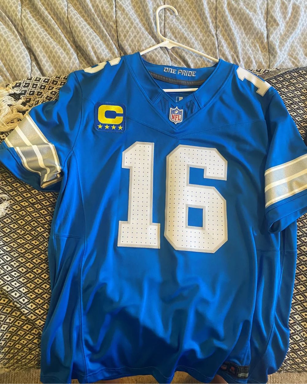 Nike Vapor F.U.S.E Jared Goff jersey, stitched by Vintage Detroit with Captain patch, rumored to bless Lions with lucky 23-20 victory Sunday
